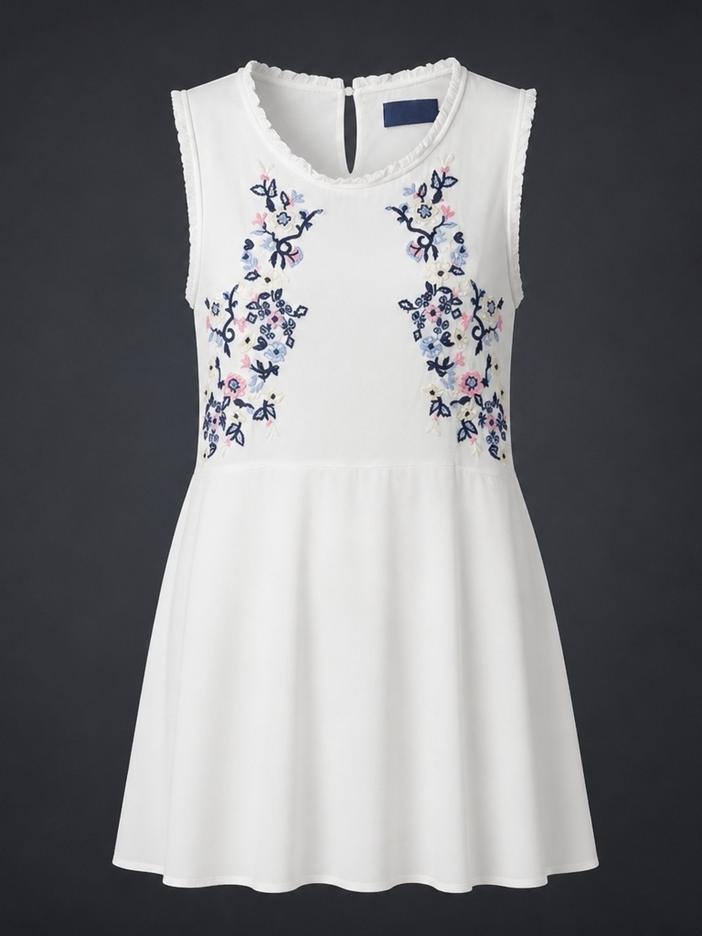 Blue Rain Boho Cottagecore White Floral Embroidered Rayon Sleeveless Dress 4022